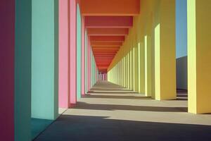A long hallway with colorful pillars and a blue sky photo