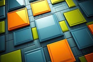Colorful squares on a wall with a blue and orange background photo