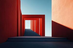 A stairway leading to a red building with blue walls photo