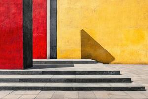 A red and yellow wall with steps and a black and white building photo