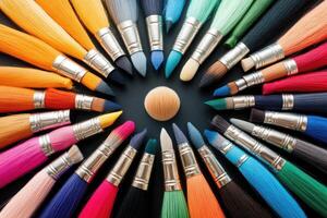 A circle of colored paint brushes arranged in a circle photo