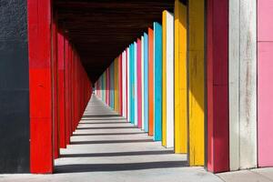 A long hallway with many colorful wooden poles photo