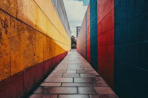 A walkway with colorful walls and a blue sky photo