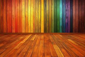 A room with a wooden floor and a rainbow colored wall photo