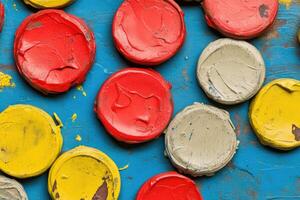 Colorful paint on a blue background photo