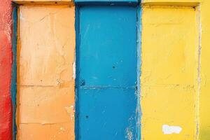 A colorful wall with a door and a fire hydrant photo