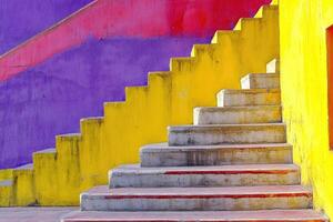 A colorful stairway with a red and yellow wall photo