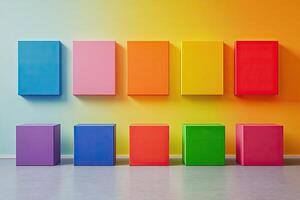 A row of colorful boxes against a wall photo