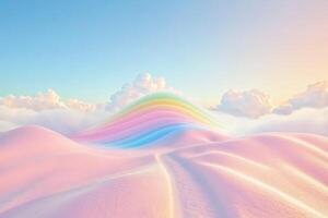A rainbow is seen in the sky over a desert photo