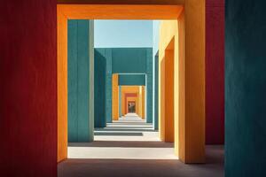 A hallway with colorful walls and a blue sky photo