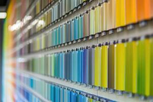 Color swatches on a wall in a paint store photo