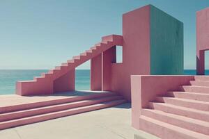 Pink stairs and a pink building near the ocean photo