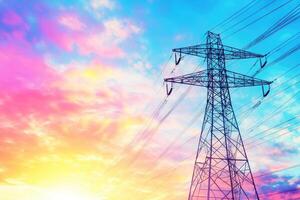 Electricity pylon and sky with colorful clouds photo