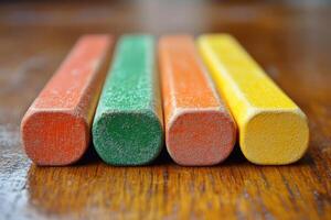 Four colored pencils on a wooden surface photo