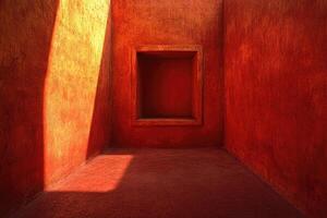 A red room with a window and a door photo