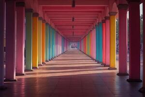 A long hallway with colorful pillars photo