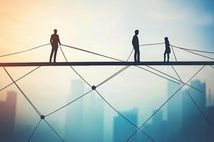 Teamwork and collaboration across a network bridge. Silhouette figures connected by thin ropes, symbolizing communication and partnership, against a city backdrop photo