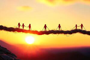 Silhouette figures walk a rope at sunset photo