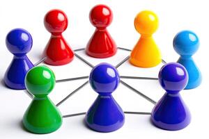 Colorful figures connected by lines, forming a network photo