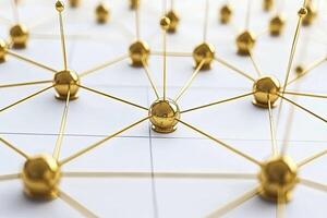 Golden network spheres connected by pins on a white grid photo