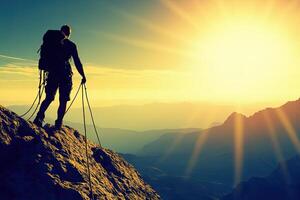 Climber on a mountain peak at sunrise photo