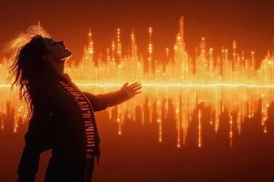 A woman standing in front of an orange sound wave photo
