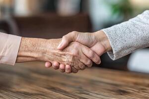 A handshake between two people. Close-up view of hands clasped together. Senior and younger individuals connect photo