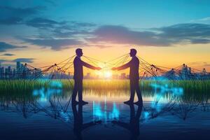 Two businessmen connect via network at sunrise photo