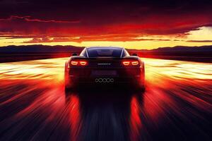 Dark sports car speeding across a fiery sunset highway photo