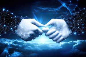 Digital handshake against a cloudy sky photo