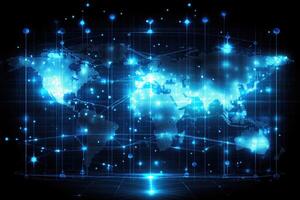 Global network map with glowing connections. Complex network of worldwide digital connections photo