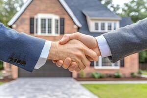 Real estate deal finalized. Two professionals shake hands in front of a modern house photo