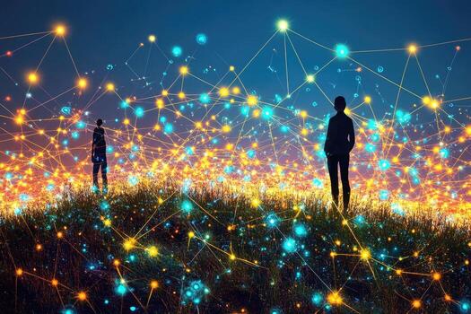 Two figures stand amidst a vibrant network of interconnected luminous points photo