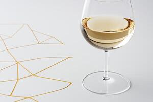 Elegant white wine glass on a light background with a gold leaf design photo