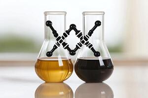 Two beakers containing different liquids, likely petroleum products, with molecular structures depicted photo