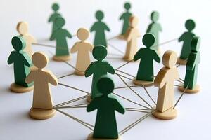 A group of wooden people connected by a network photo