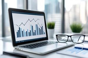 Laptop displaying financial graphs photo