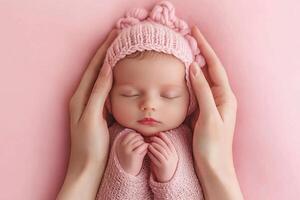 A newborn baby, peacefully sleeping, cradled in loving hands photo