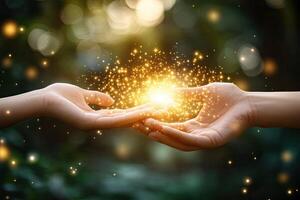 Two hands exchanging golden light in a mystical forest setting photo