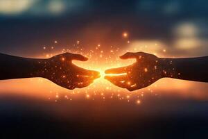 Two hands meeting in a warm, glowing embrace, bathed in ethereal light photo
