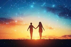 Silhouettes of couple walking at sunset, connected by digital network photo