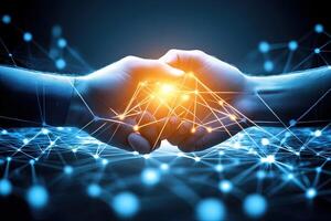 Digital connection, hands clasped photo
