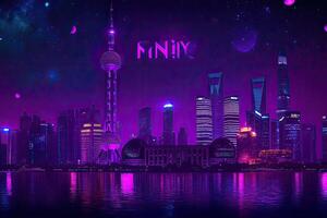 Neon cityscape at night photo