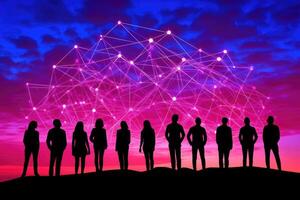 Silhouettes of people connected by digital network photo
