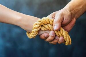 Two hands hold a rope, a symbol of connection and support photo