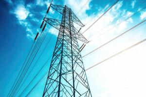 High-voltage power transmission tower against a partly cloudy sky photo