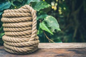 Rolled-up rope on wooden surface, lush greenery background photo