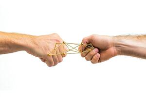 Two hands clasped together, connected by a golden bridge photo