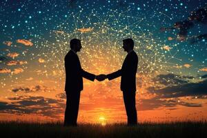 Businessmen shaking hands at sunset, connected by digital network photo