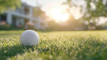 Golf on resting peaceful pristine fairway green, soft sunset glow illuminating ball course landscape photo